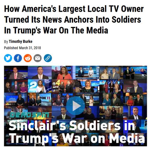 News headline and video still with embedded caption.

Headline: How America's Largest Local TV Owner Turned Its News Anchors Into Soldiers In Trump's War On The Media

By Timothy Burke
PublishedMarch 31, 2018

Video still: A composite of 36 different local news anchors reading the exact same script.

Caption: Sinclair's Soldiers in Trump's War on Media