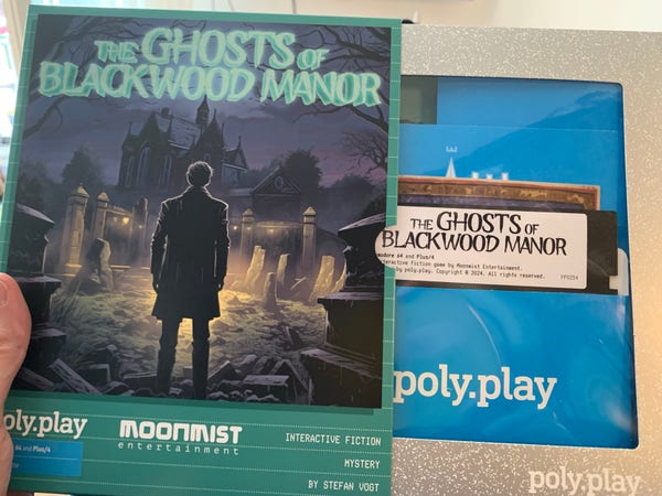 Box art for "The Ghosts of Blackwood Manor" game by poly.play and Moonmist Entertainment, featuring a dark cemetery scene with a figure standing in front, and a label indicating the game is for Commodore 64 and Plus/4.