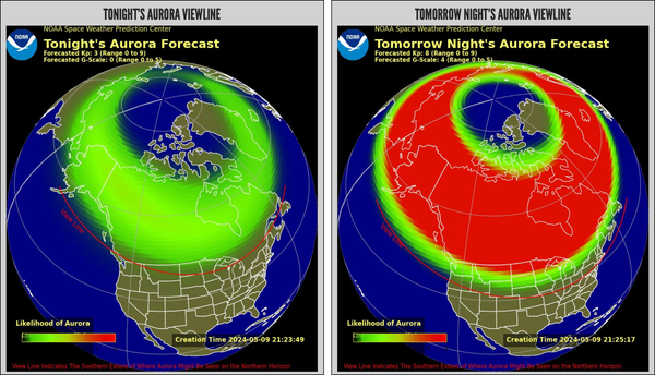 Two “globe view” maps of the aurora forecast for North America tonight and tomorrow night.
Tonight (May 9): Lots of green blanketing Canada, indicating decent chances of seeing something.
Tomorrow night (May 10): A massive, thick swath of high probability (coloured red) covers all of Canada, and some northern States.
