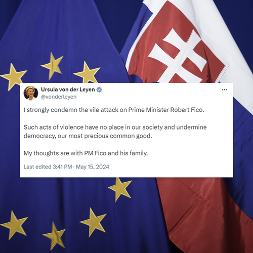 Printscreen of a tweet of President von der Leyen. Background of the EU and Slovak flags together.