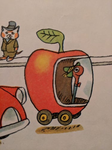 A worm-person driving a car made out of an apple. It's a drawing (OBVIOUSLY). The worm looks very happy and is wearing a hat. In the background a sad cat person looks on. They are also wearing a hat and for some reason.... a smart suit. I wanted to think of a cat-based business pun but the best I could come up with was 'miaowvers and shakers'. Sorry. 