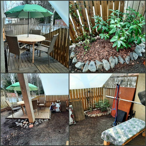 Collage of spots in our small backyard. 

Upper left is a round wooden table on a small wooden terrace with four chairs around it and a green umbrella open over it.

Upper right is a small raised garden bed in a shady corner with rocks around it. In the bed a rhododendron I moved from another spot.

Lower left is a widescreen shot of the yard from one side (the area where the table is).

Lower right is a widescreen shot from the other side (the area the small raised bed and gym is in).

