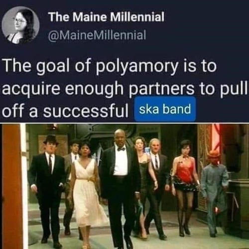 Edited screenshot of a tweet by @MaineMillennial

"The goal of polyamory is to acquire enough partners to pull off a successful ska band"

The picture is of the characters from Star Trek Deep Space 9 dressed up like mobsters, and "ska band" was added afterwards in a different font
