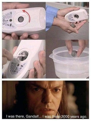 Instructions for cleaning a mouse ball. It is followed by a photo of Elrond from the Lord of the Rings, captioned "I was there, Gandalf. I was there 3000 years ago."
