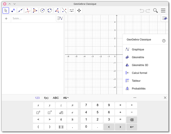 🕶️ A view of its UI with, at the top, buttons allowing to select different predefined shapes (examples: polygons of x sides, circles, straight line, ...), at the right, 2 graduated x and y axes and a quick access menu to the desired types of domains (Graph, Geometry, 3D Geometry, Formal Calculation, Spreadsheet, Probability), at the left, a mathematical formulas zone (empty at startup), at the bottom, a scientific calculator.

📚️ GeoGebra is a libre (for version 5.x, version 6.x is not open source but free, a part is exploited commercially) and multi-platform dynamic mathematics software, for all levels of education, that brings together geometry, algebra, spreadsheet, grapher, statistics and calculus under the same interface allowing the 2D or 3D display. Its a very complete toolbox for modern mathematics allowing to perform all kinds of calculations and simulations, the user interaction on the graph and the automatic modification of the formula, via a complete and intuitive interface (online or locally). Perfect !