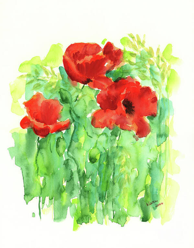 Summer meadow with poppies is a watercolor painting in vertical format painted by artist Karen Kaspar. Three bright red poppies are dancing in the wind in a wildflower meadow in vibrant shades of green. The watercolor painting is painted in a loose fresh style like a fresh summer breeze.