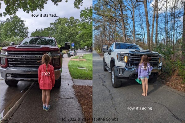 side-by-side photos. On the left, a red Chevy Silverado is parked on a sidewalk. In front of the truck's grille is a small child, not tall enough to reach the top of the grille. On the right, a white GMC Sierra parked on a neighborhood shared street (there are no sidewalks). In front of the truck's grille is the same small child, two years older, still not tall enough to reach the top of the grille.