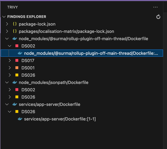 A screenshot from VSCode Trivy plugin showing docker files contained within node_module dependencies