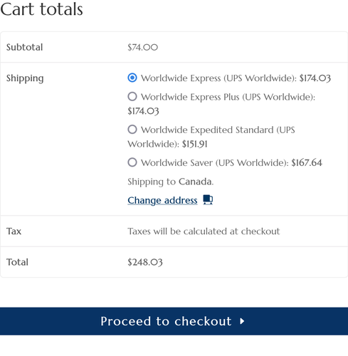Shopping cart page indicating shipping for an order valued at $74 to be $174.03