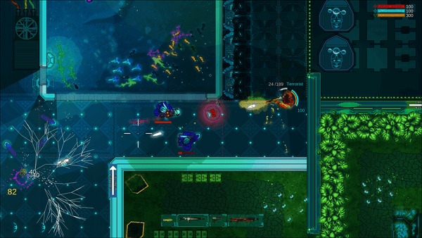 Zrzut ekranu przedstawiający grę Hypersomnia. Gra w 2D z widokiem z góry. Dwóch strzelców celuje w jednego przy pomocy futurystycznych broni. Stoją w korytarzu otoczonym przez akwarium pełne ryb, dżunglę, oraz bliżej nieokreślone pomieszczenia.