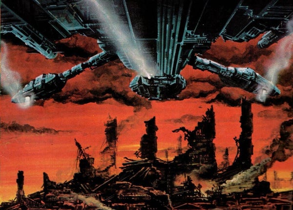 a large spaceship looms over a destroyed city.