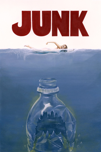 Artwork by Brian DeYoung, showing a satire upon the Jaws poster, with a menacing plastic bottle approaching a female swimmer instead of the famous shark.