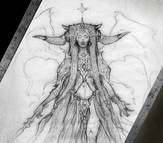 Concept art for Diablo IV. The initial sketch idea for Lilith. A demon with horns with arms outstretched, black and white. 