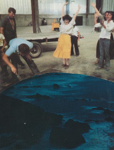 people gather around a pit of black sea and rocks being chiseled from the floor, three cheer and clap
