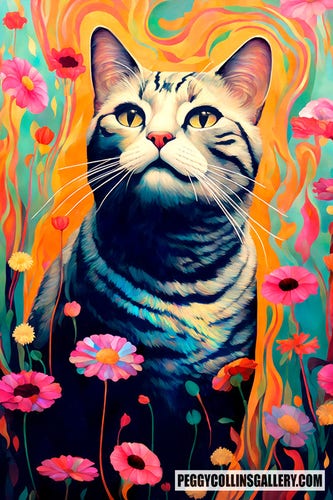 Colorful artwork of a gray tabby cat sitting in a colorful garden of whimsical flowres, by artist Peggy Collins.