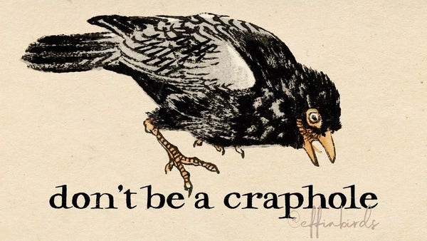 A painting of a bird above the words "don't be a craphole"