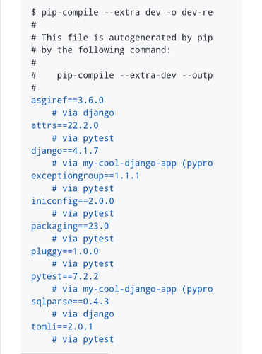 Screenshot of pip-tool's display of dependencies