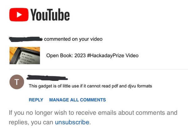 Screenshot, YouTube comment notification.  “This gadget is of little use if it cannot read pdf and djvu formats”