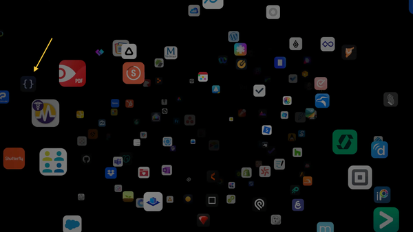 Screenshot of the Apple event video showing an app icon cloud containing the Scriptable app icon.