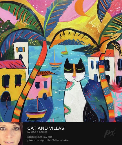 Vibrant colors bring to life a whimsical scene depicting a large cat in front of a seaside landscape with buildings, palm trees, and sailing boats. Bold strokes and playful patterns give the composition a lively, dreamlike quality, evoking a sense of tropical charm and joy.