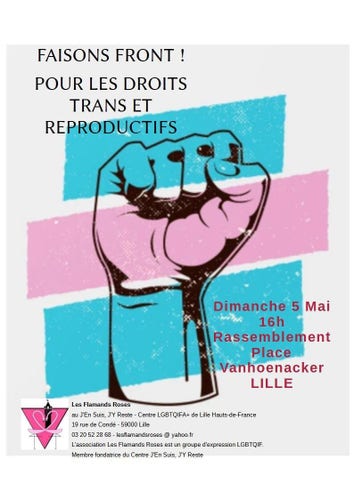 Affiche du rassemblent pour les droits Trans et reproductifs qui aura lieu à Lille ce dimanche 5 mai à 16h pla e Vanhoenacker