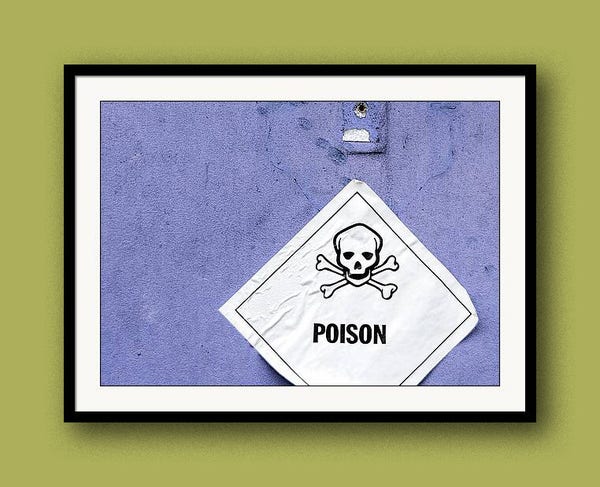 A rough-textured purple door serves as a backdrop to a diamond-shaped sign with the word "Poison" on it along with a skull and crossbones drawing in this photograph by contemporary artist/photographer Jon Woodhams, shown framed and on a wall.