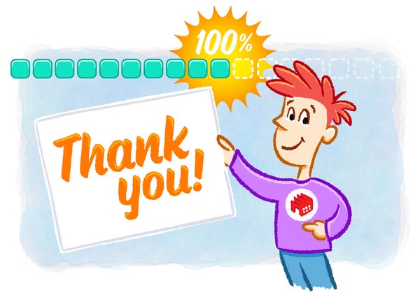Cartoon of a man wearing an Iconfactory t-shirt holding up a big 'Thank you!' sign with a 100% full progress bar above him.