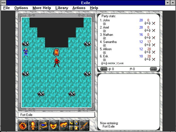 A screenshot from Exile: Escape from the Pit, showing a small postcard-sized tile based interface, along with windows for party stats and a log.