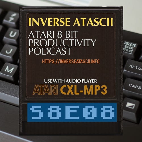 Podcast logo featuring atari 8 bit cart in front of atari 800xl keyboard.