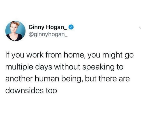 Ginny Hogan_ • @ginnyhogan_ If you work from home, you might go multiple days without speaking to another human being, but there are downsides too