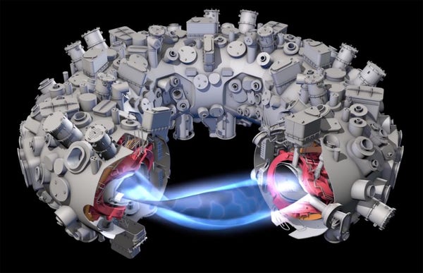 A 3D model of stellarator Wendelstein 7-X with helically shaped plasma. 