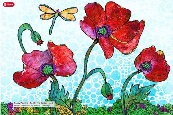 Hand drawn red poppies with a dragonfly in a garden with a mosaic style by artist and poet Sharon Cummings.  Haiku in post.