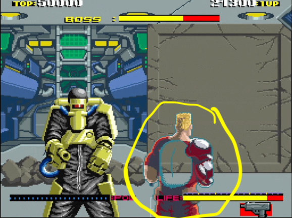 Screenshot from "Dynamite Duke". The protagonist, the titular Dynamite Duke, is seen. He is a muscular, Duke Nukem-like man, but he curiously has a transparent torso. This is presumably so the player can see through it and thus spot enemies in the game easier.