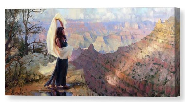Canvas print of an original oil painting depicting a young woman in formal dress but barefoot, dancing gracefully while overlooking the Grand Canyon.