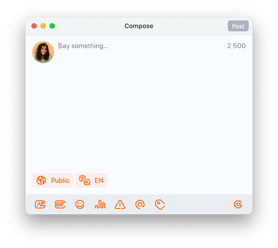 Screenshot of the compose window in Ivory on macOS. The displayed character limit is 2500 instead of the default 500