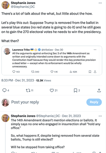 From Stephanie to Tribe:

There's a lot of talk about the what, but little about the how. 

Let's play this out: Suppose Trump is removed from the ballot in several blue states (no red state is going to do it) and he still goes on to gain the 270 electoral votes he needs to win the presidency.

What then?

The 14th Amendment doesn't mention elections or ballots. It simply says no one who engaged in insurrection shall "hold any office." 

So, what happens if, despite being removed from several state ballots, Trump is still elected?

Will he be stopped from taking office?
