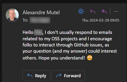 Capture of an email responding to a question on an OSS project of mine.