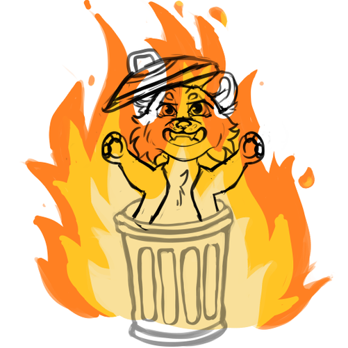 A work in progress drawing of a cat-fish anthropomorphic character that jumps out happy from a trash bin, and fire covering the drawing.