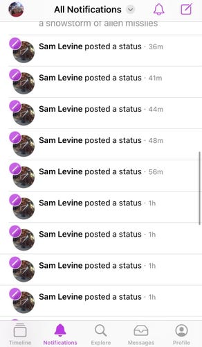 Screenshot of my notifications which are an endless list of posts by Sam but without content 