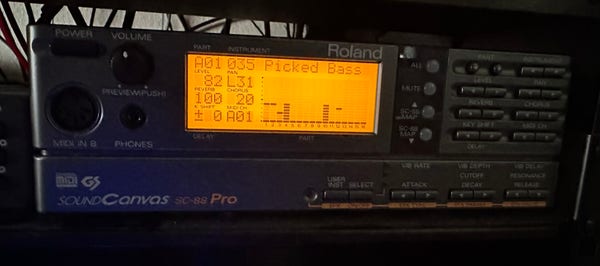A Roland SoundCanvas SC-88 Pro showing “Picked Bass”