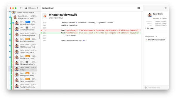 A screenshot of Juxtacode showing a git change tree on the left and a simple what’s new text change on the right.