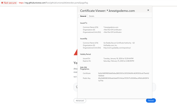 reg.githubuniverse.com is giving/using wrong certificate, which is for *.kneatgxdemo.com