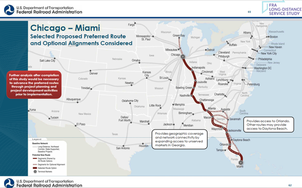Map of a proposed Amtrak line from Chicago to Miami, going through Indianapolis, Louisville, Chattanooga, Atlanta, and other points