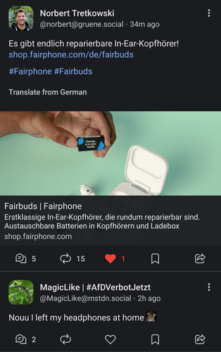 Screenshot of MagicLike's post in my timeline. Above it, Norbert Tretkowski praised the release of Fairphone's new, repairable earphones.