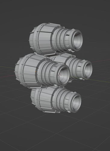 Progress on some engines for my render of a spaceship illustration I did. 4 engines, stacked in a diamond formation. Created in Blender.