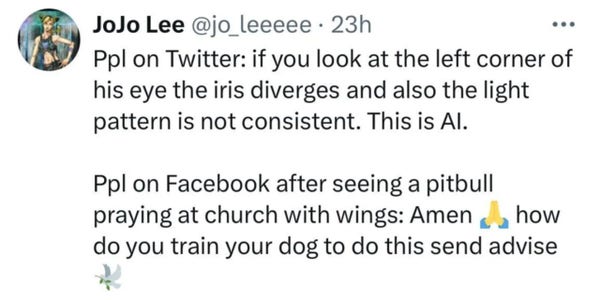 @ JoJo Lee @jo_leeeee - 23h 
Ppl on Twitter: if you look at the left corner of his eye the iris diverges and also the light pattern is not consistent. This is Al. 

Ppl on Facebook after seeing a pitbull praying at church with wings: Amen ., how do you train your dog to do this send advise ) " 