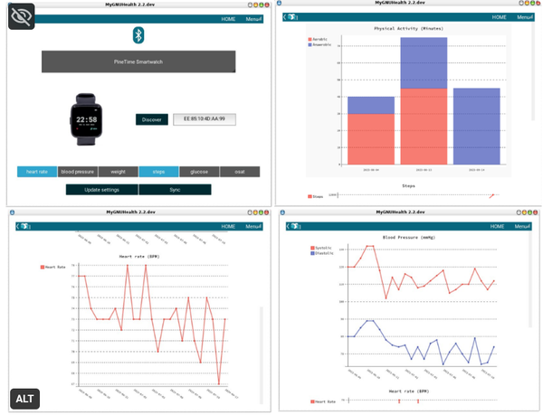 Screenshots from different views on MyGNUHealth Personal Health Record. The bluetooth device settings and different plots related to blood pressure, heart rate and physical activity.
