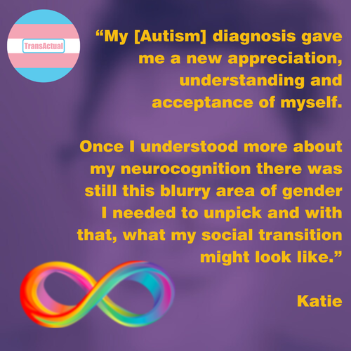 “My [Autism] diagnosis gave me a new appreciation, understanding and acceptance of myself.   Once I understood more about my neurocognition there was still this blurry area of gender  I needed to unpick and with that, what my social transition might look like.”  Katie. The image also shows a rainbow infinity symbol and Katie's face is blurred in the background
