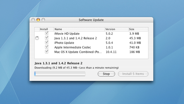 Software update running on Mac OS X Tiger, installing updates for iMovie, Java, iPhoto, and the core system