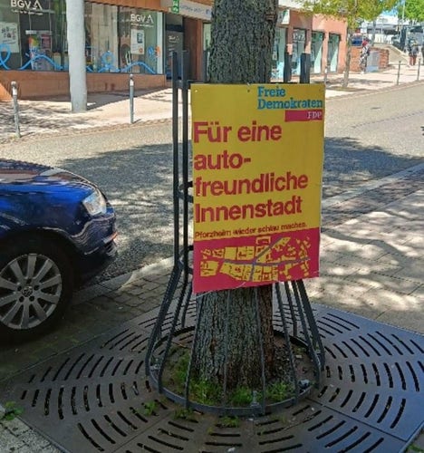 Wahlplakat FDP, für eine autofreundliche Innenstadt